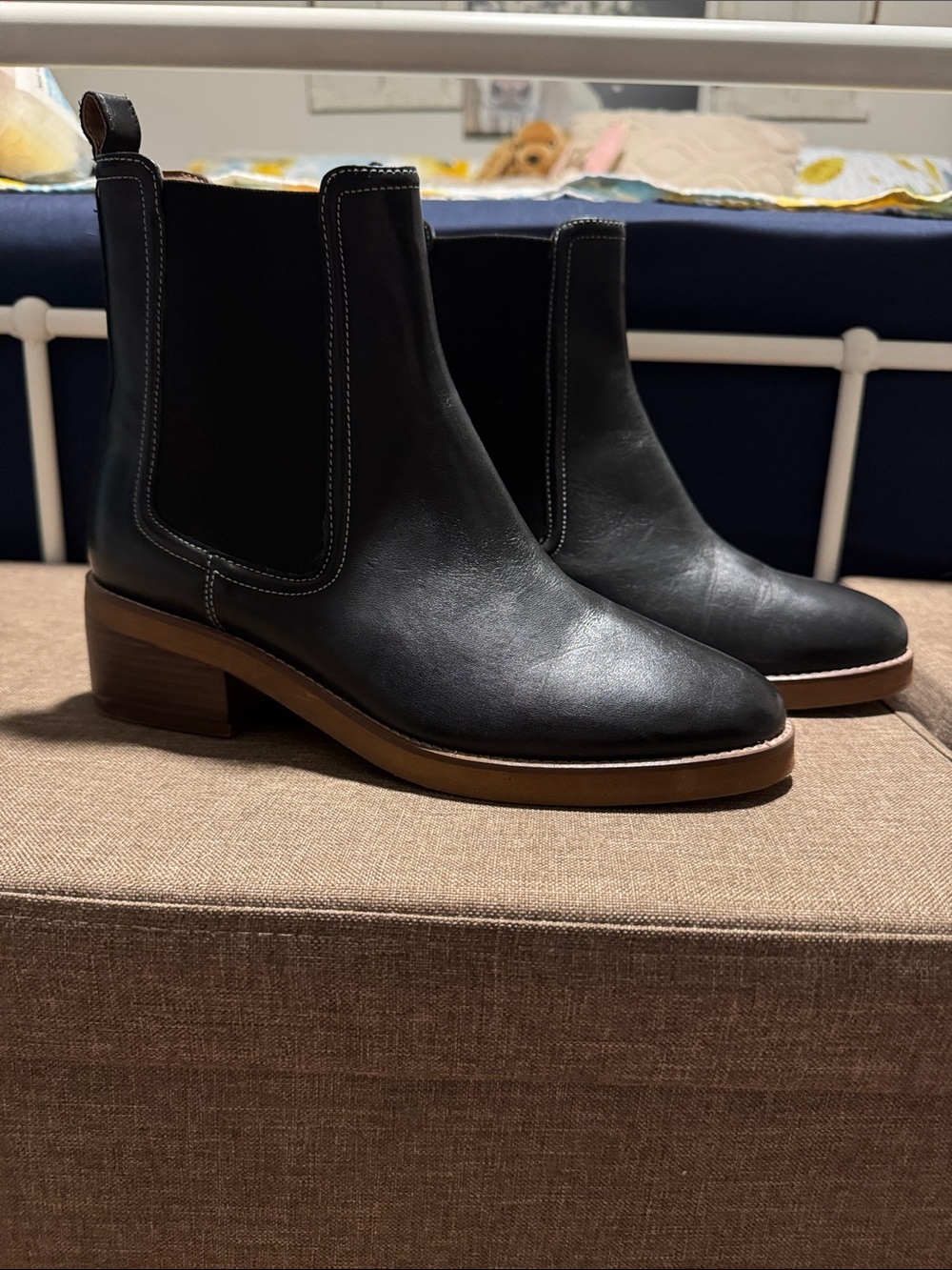 Joie Black Leather Chelsea Boots with Tan Welt